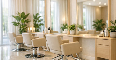 A beautifully lit salon interior featuring a large, stylish mirror that reflects the space, making it appear larger and brighter, with a modern styling chair in the foreground.