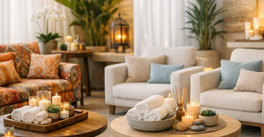 A split image showing the contrast between busy geometric upholstery patterns and calm, nature-inspired textile textures for spa and salon furniture.