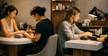 A side-by-side comparison of a round white nail table and a square white nail table in a modern salon setting, highlighting the design psychology of each shape.