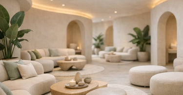 A serene spa treatment room featuring a curved massage table and soft, rounded architectural details, embodying the psychology of soft edges for ultimate relaxation.