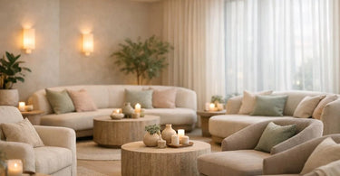 A beautifully designed spa lounge with comfortable seating, warm lighting, and serene decor, showcasing an inviting waiting area.