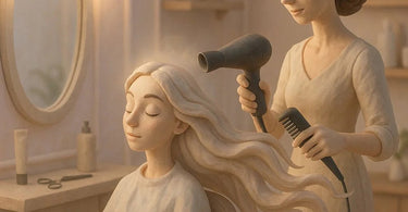 Professional hairstylist performing a careful blow-dry on client's hair in a salon setting