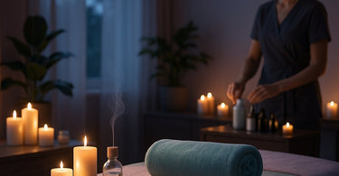 Spa professional comforting client during treatment with warm towels and serene atmosphere