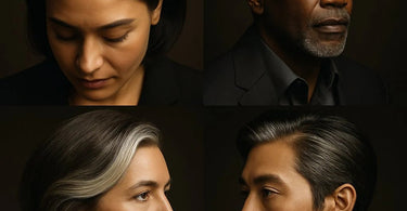 Close-up image showing different gray hair regrowth patterns at crown, temples, and as streaks in various hair types and colors