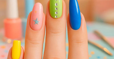 A variety of nail extension styles, from short and natural to long and dramatic, displayed on a salon table with tools and polish.