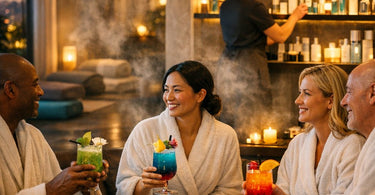 A serene spa setting featuring a beautiful woman holding an elegant mocktail with fresh cucumber and mint, surrounded by spa amenities like towels and aromatherapy diffusers, embodying the sober curious lifestyle.