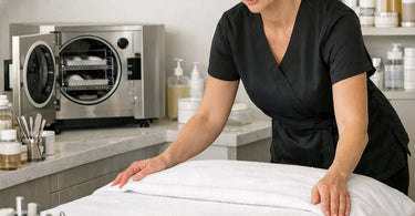 A close-up view of a high-end UV sterilizer unit on a stainless steel counter in a professional spa, with neatly arranged sterilized metal tools inside, representing safety, hygiene, and ROI for beauty businesses.