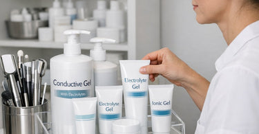 Professional conductive gel being applied to a microcurrent device for a facial treatment, highlighting the role of electrolytes.