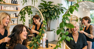 Luxurious spa treatment room featuring biophilic design with abundant greenery, a modern massage table, and warm ambient lighting from Pure Spa Direct.