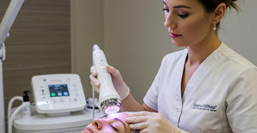 A spa professional using a light therapy device on a client during an anti-aging facial treatment