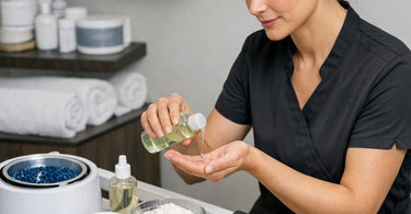 Professional pre-wax oil and powder products displayed alongside hard wax beans and applicators on a salon counter.
