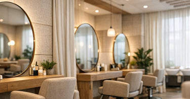 A modern, open salon space with a variety of textures including a fabric acoustic panel on the ceiling, a woven rug on the floor, and upholstered furniture, illustrating the role of texture in acoustic control.