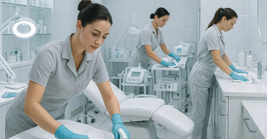 Sanitation theater in action at a modern spa station showing visible cleaning protocols