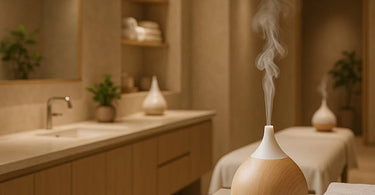 A serene spa treatment room with a diffuser emitting a gentle scent trail, creating a calming and inviting atmosphere