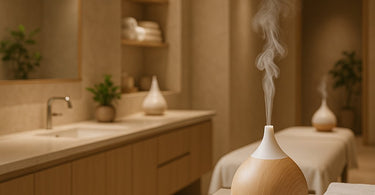 A serene spa treatment room with a diffuser emitting a gentle scent trail, creating a calming and inviting atmosphere