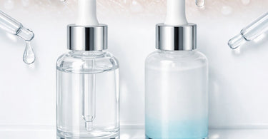 Close-up dewy skin with droplets showcasing the hydrating effects of polyglutamic acid and hyaluronic acid serums