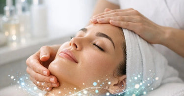 A serene spa treatment showing a client receiving a gentle facial application, highlighting the professional use of advanced prebiotic and probiotic skincare products.