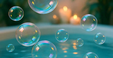 Close-up of rich, luxurious white lather bubbles in a spa professional's hands