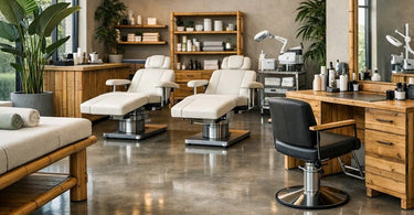 Eco-friendly bamboo and recycled material furniture for a modern, sustainable spa or salon interior, featuring a stylish treatment table and stool.
