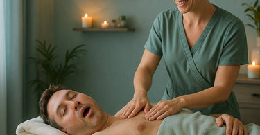 A massage therapist smiling while a client sleeps peacefully and snores lightly on a comfortable massage table in a serene spa setting