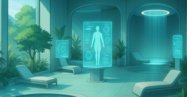 A futuristic and serene spa environment with advanced technology integrated into relaxing treatment spaces.