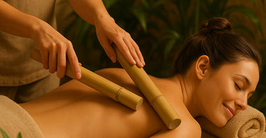 Professional bamboo stick massage in progress at a luxury spa