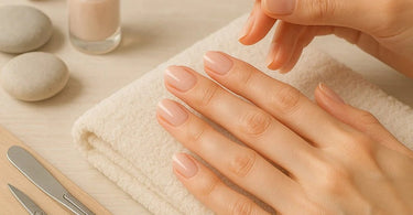 Professional manicure in progress showing nail filing and cuticle care techniques
