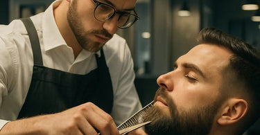 Professional barber trimming a client's beard with precision clippers