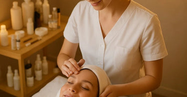 Professional esthetician performing a blackhead extraction facial on a client