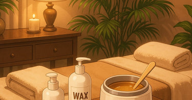 Professional esthetician performing Brazilian wax on male client in spa setting