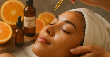 Spa professional performing brightening Vitamin C facial treatment on client