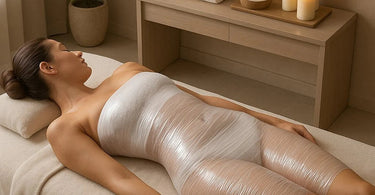 Professional spa therapist performing cellulite reduction wrap treatment on client