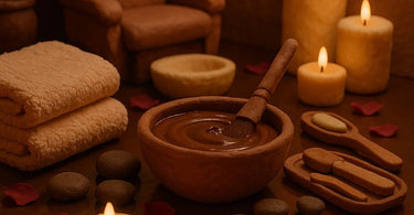 Close-up of a chocolate pedicure treatment showing creamy cocoa scrub being massaged onto well-groomed feet