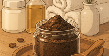 Professional coffee grounds scrub ingredients and tools for spa treatment