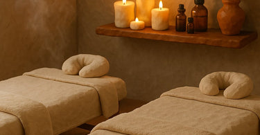 Professional couple receiving synchronized massage in a luxury spa setting