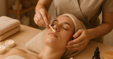 Professional facial waxing technique showing eyebrow, lip, and chin hair removal process
