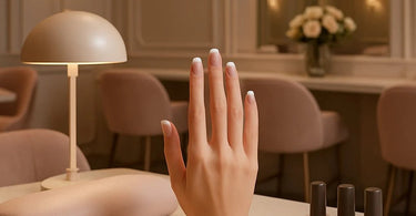 Close-up of a flawless French tip manicure with glossy white tips and sheer pink base