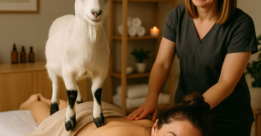 Happy woman receiving goat yoga massage with miniature goats on her back during a spa session