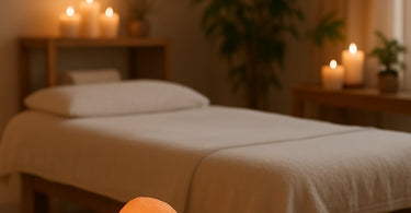 Himalayan salt stones arranged on massage table with spa towels and essential oils