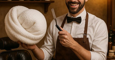 Professional barber performing hot towel straight razor shave in a luxury salon setting