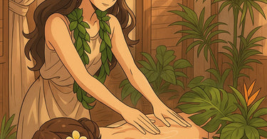 Therapist performing traditional Lomi Lomi Hawaiian massage with flowing arm movements on relaxed client