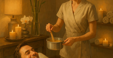Professional esthetician performing chest wax on male client in spa setting