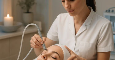 Professional performing microdermabrasion facial treatment on client