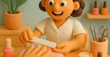 Close-up of a Russian dry manicure in progress, showing perfectly shaped nails and cuticle care