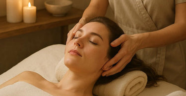 Professional scalp and neck massage technique being performed in a spa setting