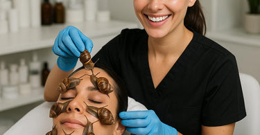 Step-by-step snail facial treatment showing snail mucin application