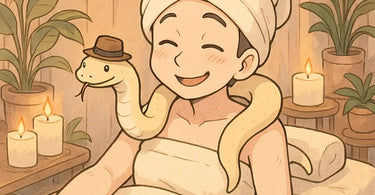 Professional snake massage therapy in a spa setting with non-venomous snakes on a client's back