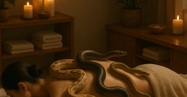 A trained massage snake gliding across a client's back during a professional snake massage treatment at a spa
