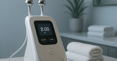 Professional microcurrent device on a spa towel with conductive gel and cleaning supplies