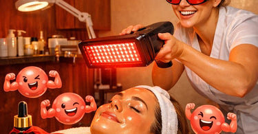 A serene spa treatment showing a client undergoing red light therapy with a professional LED panel, with bottles of collagen-boosting serums and creams beautifully arranged nearby.